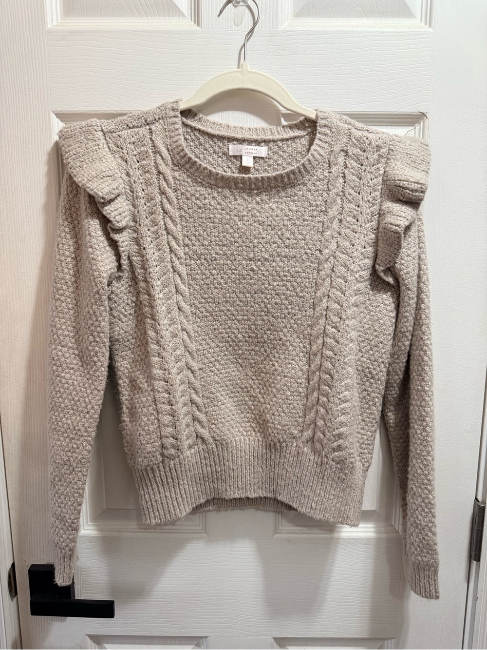LC Lauren Conrad Metallic Gold Cable Knit Ruffle Sweater Small